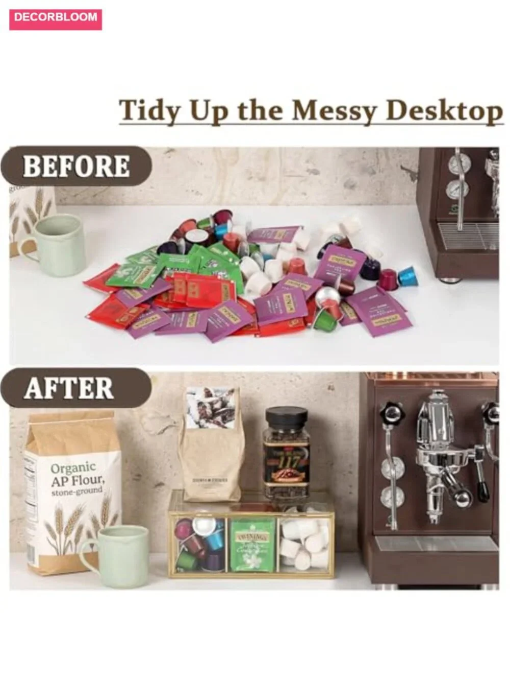 Glass Tea Bag Organizer with Drawer, 6 Compartments, Coffee and Drip Bag